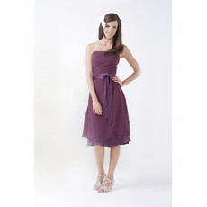 Affordable A-Line Strapless Knee Length Purple Chiffon Bridesmaid Dress