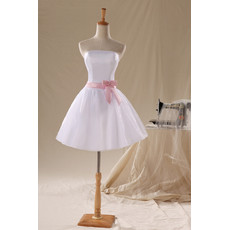 Custom Simple Classic A-Line Strapless Satin Organza Short Reception Wedding Dress with Sashes