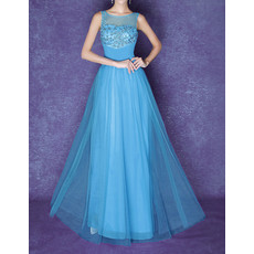 Inexpensive Modest Sheer Bateau Floor Length Organza Formal Evening Dress