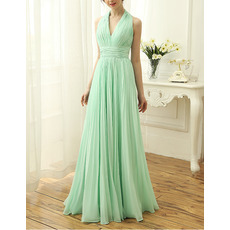 Elegant Halter V-Neck Sleeveless Long Chiffon Pleated Evening Dress