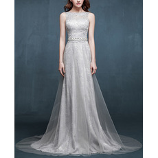 Custom Elegant Sleeveless Sweep Train Lace Evening Dress with Organza Overlap