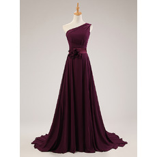 Elegant One Shoulder Sweep Train Chiffon Formal Evening Dress with Belts