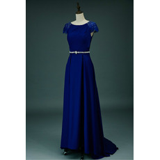 Modest Sweep Train Satin V-Back Formal Evening Dress with Cap Sleeves