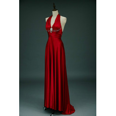 Sexy Halter V-Neck Sleeveless Sweep Train Satin Red Formal Evening Dress