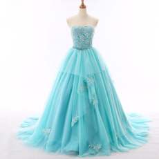 Inexpensive Ball Gown Strapless Chapel Train Organza Formal Evening Dress