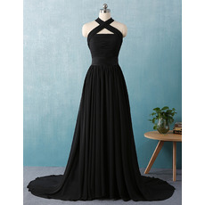 Custom Designer Cross Neckband Sweep Train Chiffon Black Formal Evening Dress