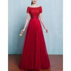 Inexpensive Long Tulle Applique Red Formal Evening Dress with Short Sleeves