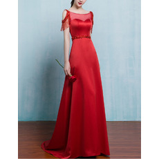 Elegant A-Line Sweep Train Satin Red Formal Evening Dress with Tassels