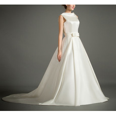 Affordable Classic Lapel Sleeveless Court Train Satin V-Back Wedding Dress