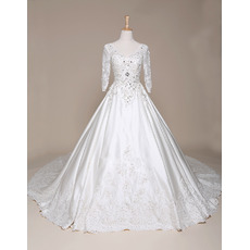 Classic A-Line V-Neck Satin Wedding Dress with 3/4 Long Sleeves