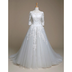 Inexpensive A-Line Court Train Wedding Dress with 3/4 Long Sleeves