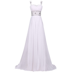 Women's White Sweep Train Long Chiffon Lace-Up Prom Evening Dress with Straps