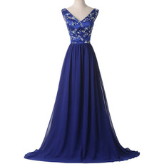 Custom V-Neck Sleeveless Satin Blue Chiffon Rhinestone Formal Evening Dress