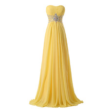 Women's Sweetheart Strapless Long Yellow Chiffon Prom Evening Dress