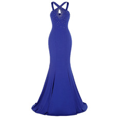 Elegant Sheath Sleeveless Blue Long Chiffon Prom Evening Dress with Straps