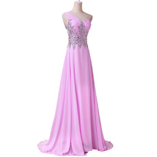 Women's One Shoulder Floor Length Chiffon Rhinestone Formal Evening Dress