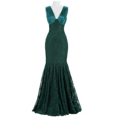 Retro Mermaid V-Neck Sleeveless Floor Length Lace Formal Evening Dress