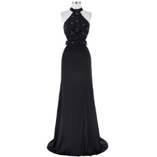 Sexy Halter Sleeveless Chiffon Black Embroidery Formal Evening Dress