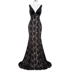 Mermaid V-Neck Long Lace Black Formal Evening Dress