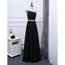 Custom One Shoulder Full Length Chiffon Black Prom Evening Dress