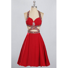 Sexy Halter Sweetheart Short Red Chiffon Open Back Homecoming Dress