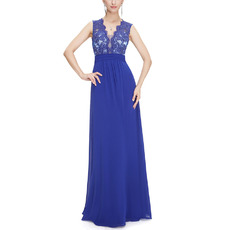 Affordable V-Neck Long Chiffon Tulle Applique Formal Evening Dress