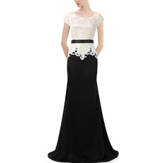 Affordable Long Lace Chiffon Two-Piece Formal Evening Dress with Short Sleeves