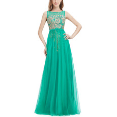 Custom Made A-Line Sleeveless Long Tulle Embroidery Evening Party Dress