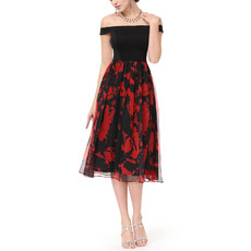 Custom Off-the-shoulder Knee Length Satin Print Homecoming Dress