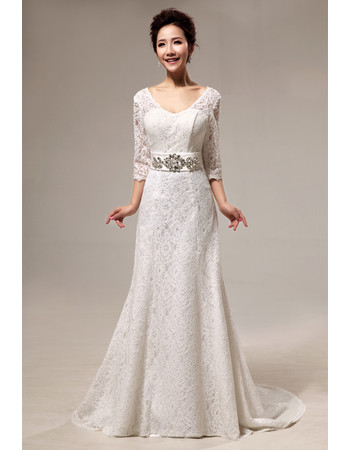 Custom Modern Lace Sweep Train A-Line Wedding Dress with Sleeves - US ...