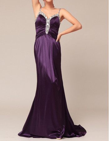 Amazing Designer Sheath Spaghetti Straps Sweep Train Satin Beading Purple Evening Dress