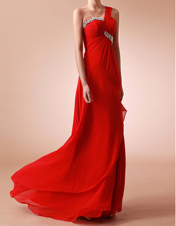 Classic Sheath One Shoulder Long Red Chiffon Formal Evening Dress