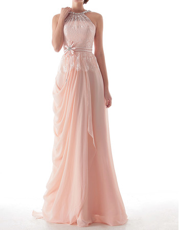 Beautiful Sheath Round Neck Long Chiffon Lace Formal Evening Dress