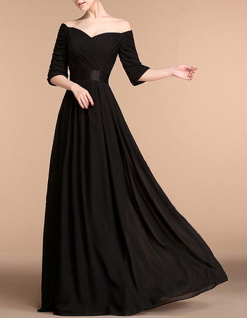 Designer Off-the-shoulder Long Black Chiffon Evening Dress with Sleeves