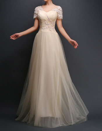 Classic Vintage Sweetheart Long Tulle Formal Evening Dress with Short Sleeves