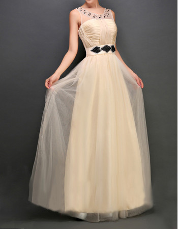 Women's Beautiful Bateau Sleeveless Floor Length Tulle Evening Dress