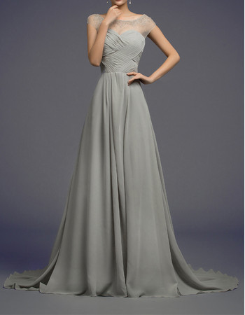 Designer Modest A-Line Sheer Bateau Sweep Train Chiffon Evening Dress