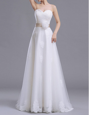 Romantic Sweetheart Floor Length Satin Tulle Wedding Dress with Sash