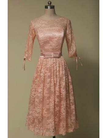 Modest Tea Length Lace Homecoming Dress with 3/4 Long Sleeves