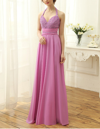 Women's Sexy Halter Sweetheart Long Chiffon Beading Bodice Prom Evening Dress