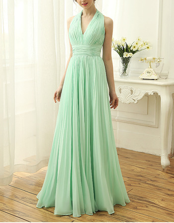 Elegant Halter V-Neck Sleeveless Long Chiffon Pleated Evening Dress