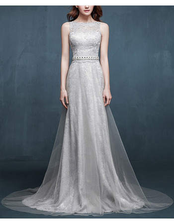 Custom Elegant Sleeveless Sweep Train Lace Evening Dress with Organza Overlap