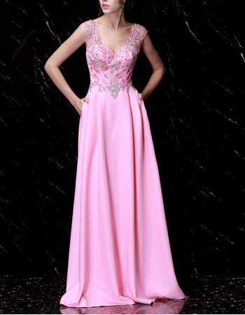 Beautiful V-Neck Sleeveless Long Chiffon Rhinestone Formal Evening Dress