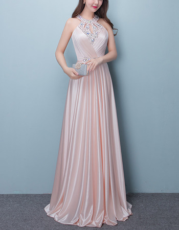 Best Elegant Halter Sleeveless Floor Length Satin Beading Prom Evening Dress