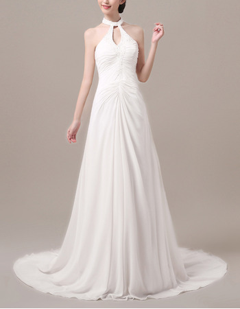 Sexy Elegant Halter Sleeveless Sweep Train White Chiffon Evening Wear Dress