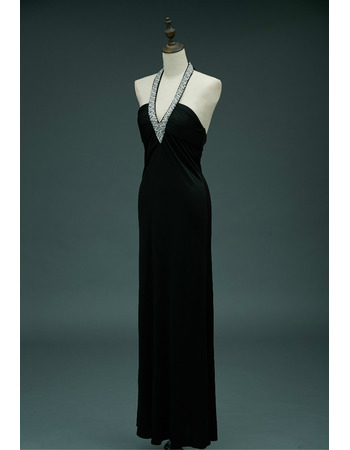 Inexpensive Halter V-Neck Full Length Satin Black Formal Evening Dress