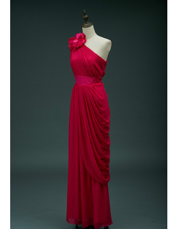 Elegant One Shoulder Floor Length Red Chiffon Pick-Up Formal Evening Dress