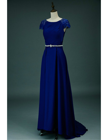 Modest Sweep Train Satin V-Back Formal Evening Dress with Cap Sleeves