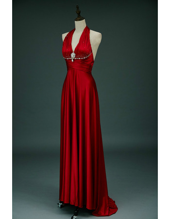 Sexy Halter V-Neck Sleeveless Sweep Train Satin Red Formal Evening Dress