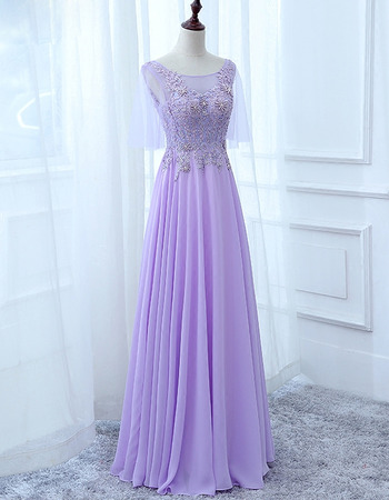 Beautiful Floor Length Chiffon Prom Evening Dress with Short Tulle Sleeves